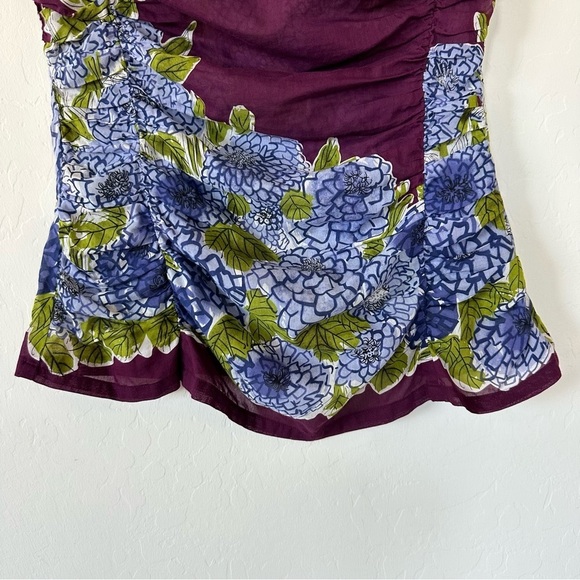 We Love Vera Silk Cotton Blend Floral Hydrangea Puckered Scalloped Hem Blouse - Picture 2 of 11